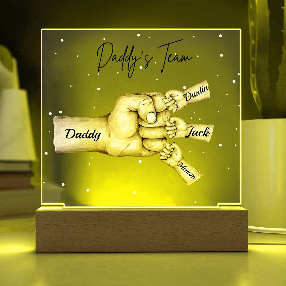 Personalized Daddy's Team Square Acrylic Plaque with Wooden Base or LED Light