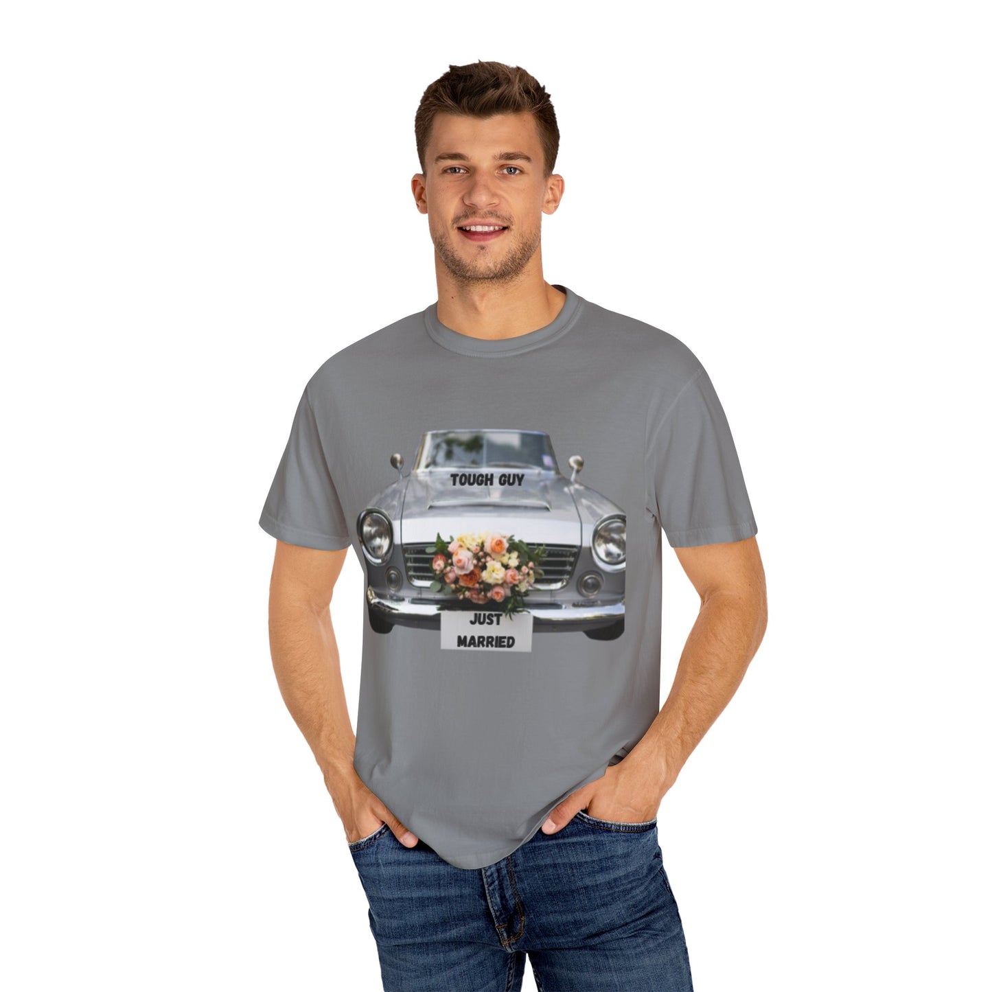 Men's T-Shirt Tough Guy Car with Just Married Flowers Design