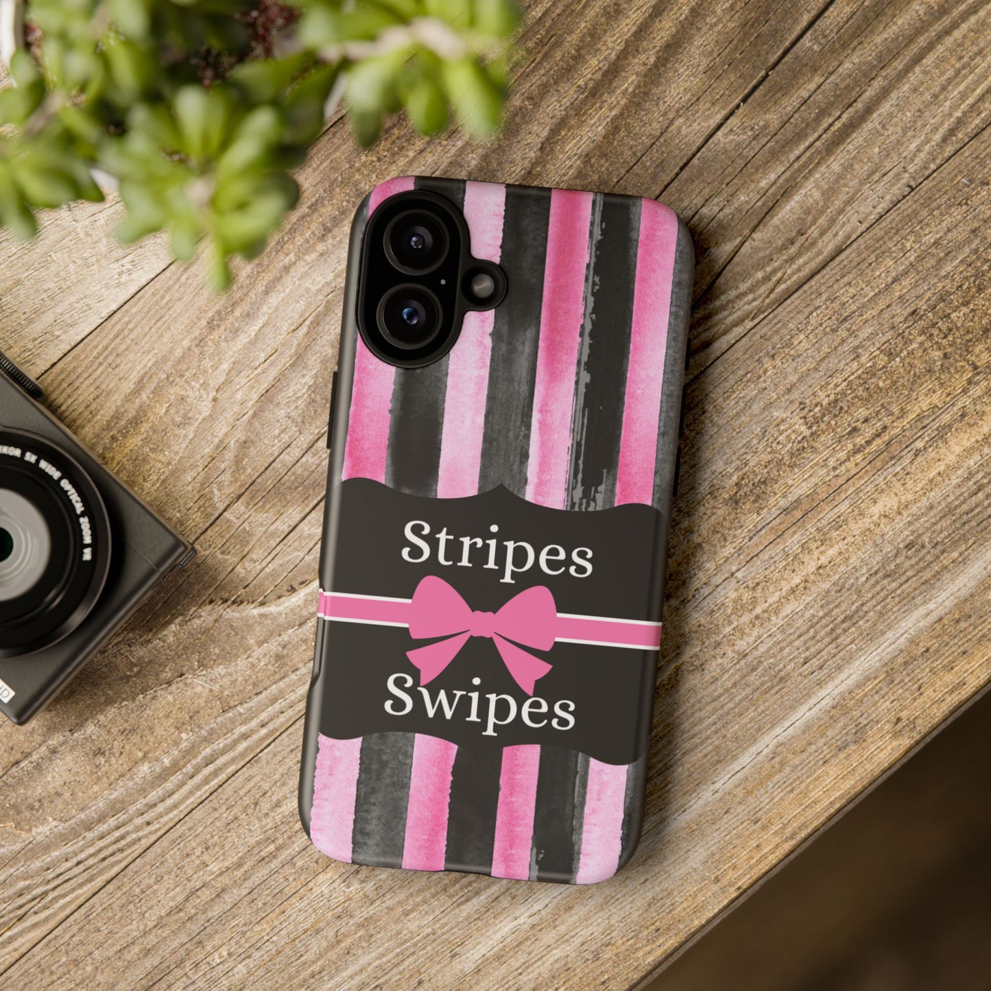 Phone Case iPhone 16/15/14 - Black/Pink Stripes & Swipes Tough Case