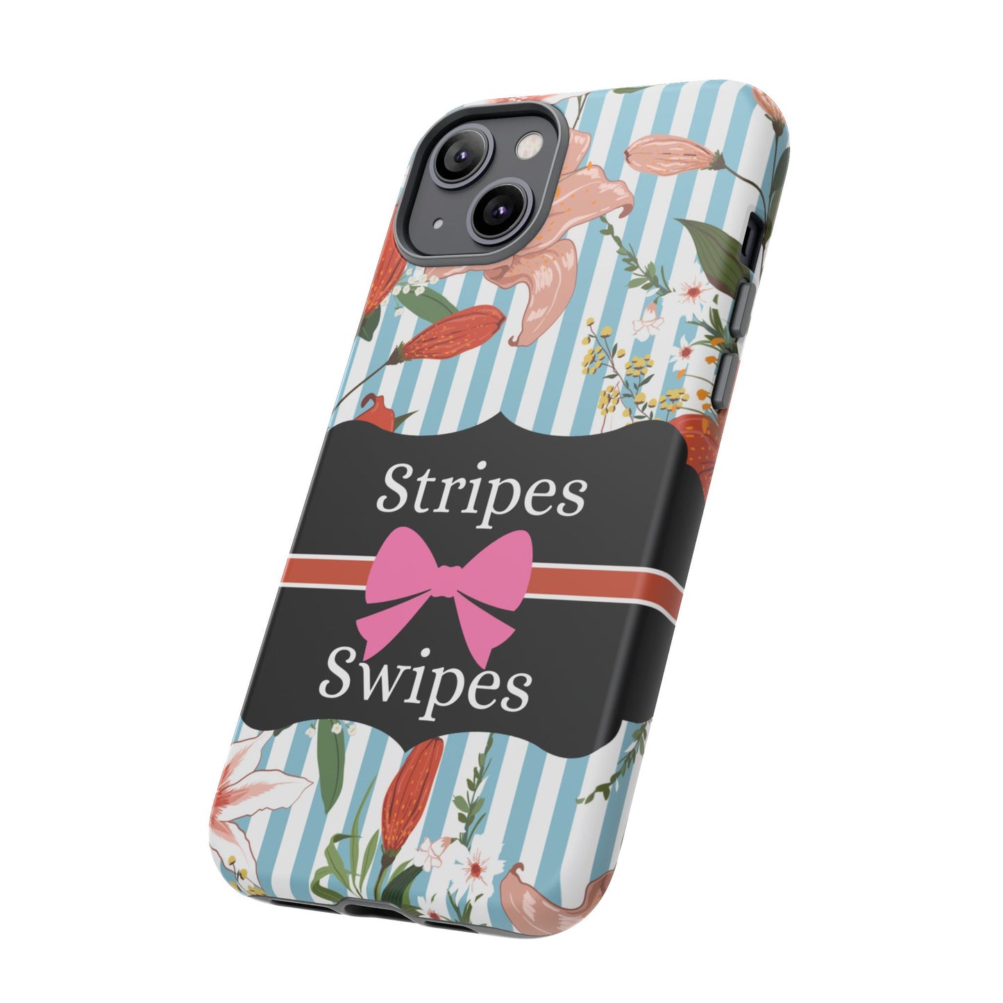 Phone Case iPhone 16/15/14 - Blue/White Flowers Stripes & Swipes Tough Case