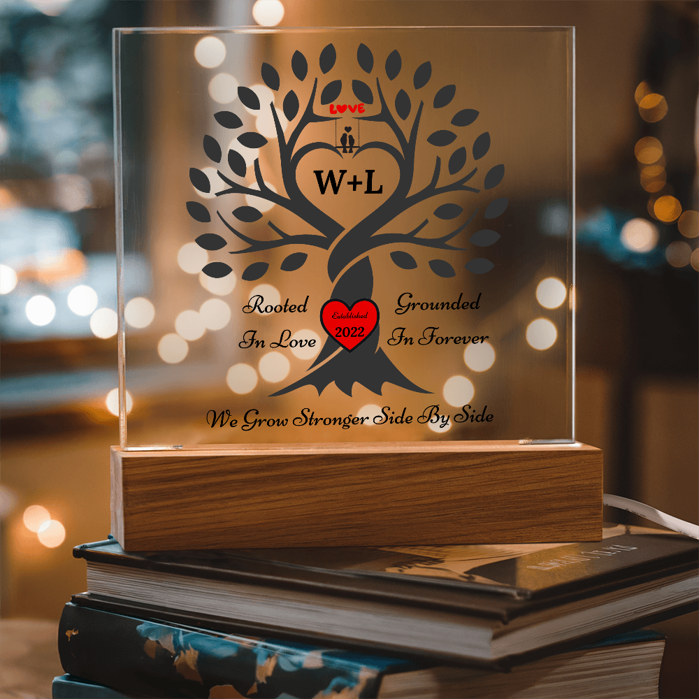 Personalized Love Birds “Rooted in Love” Tree Couple Night Light – Custom Initials & Year on Wood-Base Acrylic Lamp