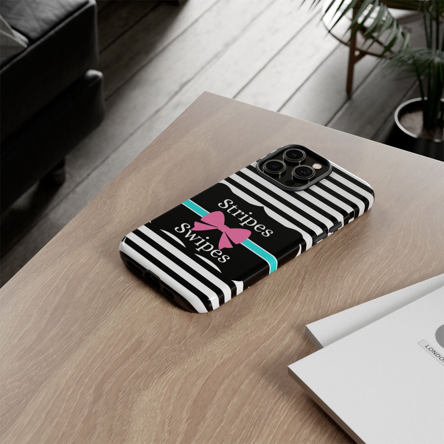 Phone Case iPhone 16/15/14 - Black/White/Blue Stripes & Swipes Tough Case