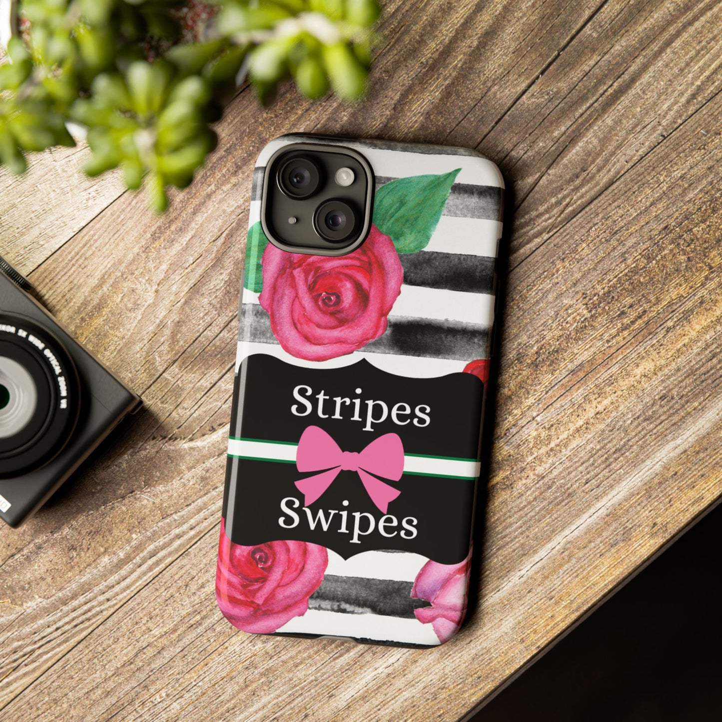 Phone Case iPhone 16/15/14 - Black/White Rose Stripes & Swipes Tough Case