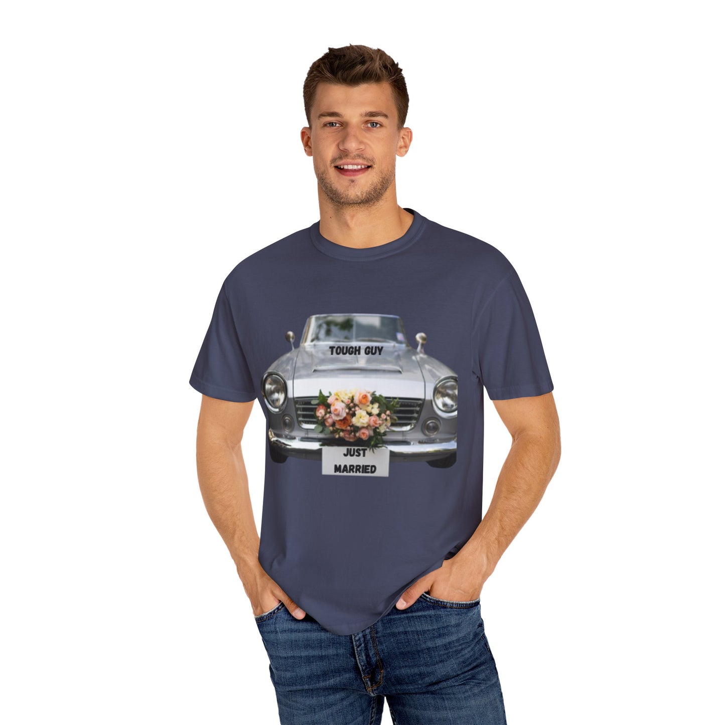 Men's T-Shirt Tough Guy Car with Just Married Flowers Design