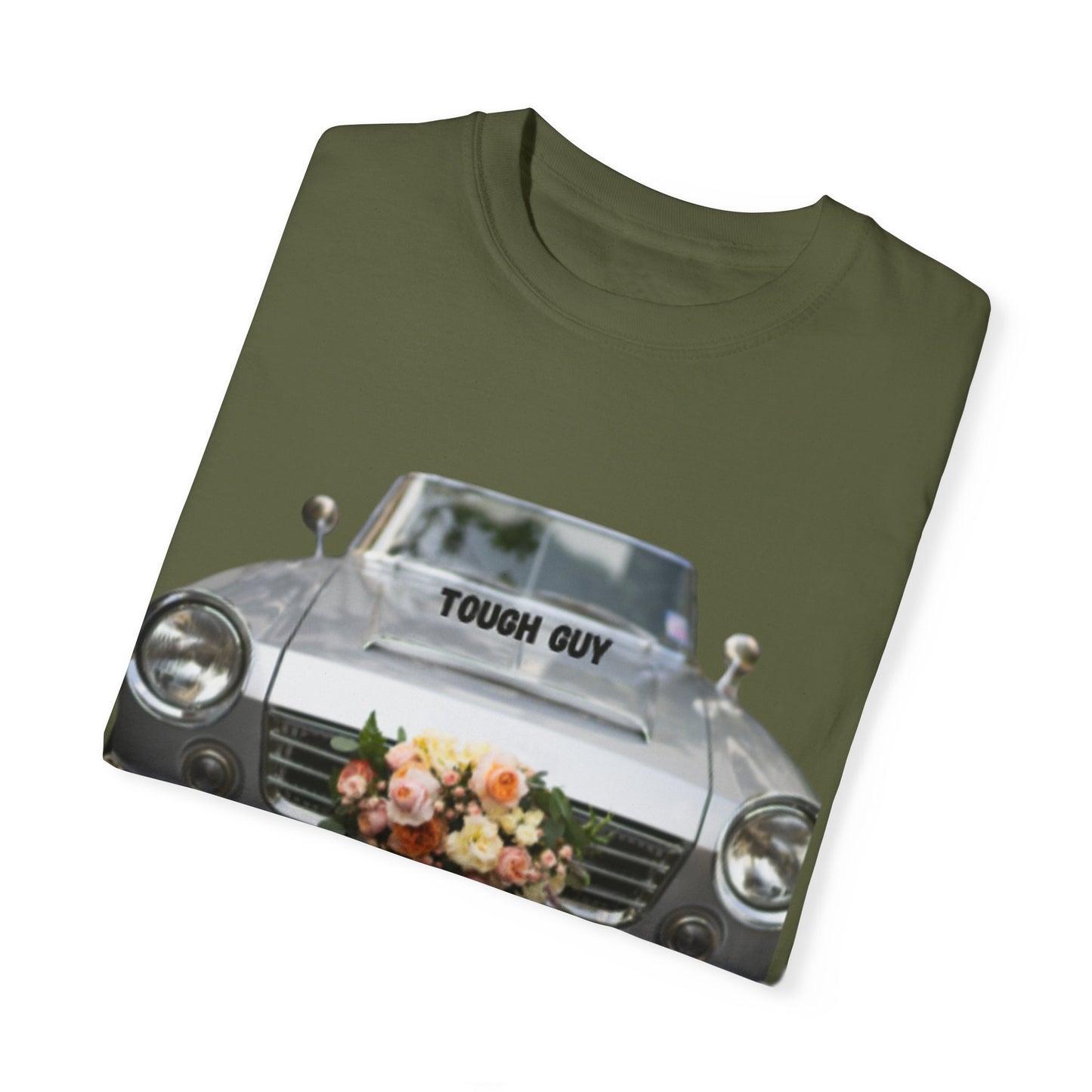 Men's T-Shirt Tough Guy Car with Just Married Flowers Design