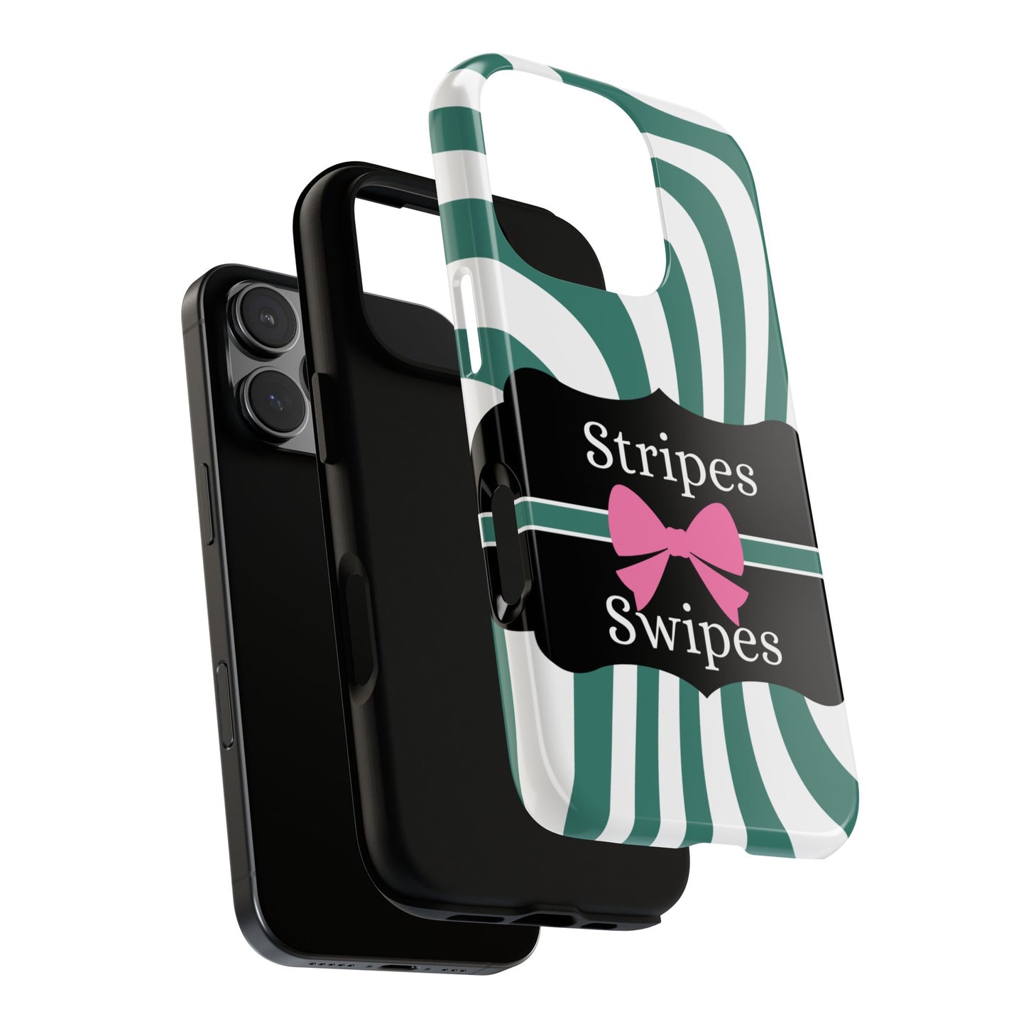 Phone Case iPhone 16/15/14 - Wavy Green/White Stripes & Swipes Tough Case