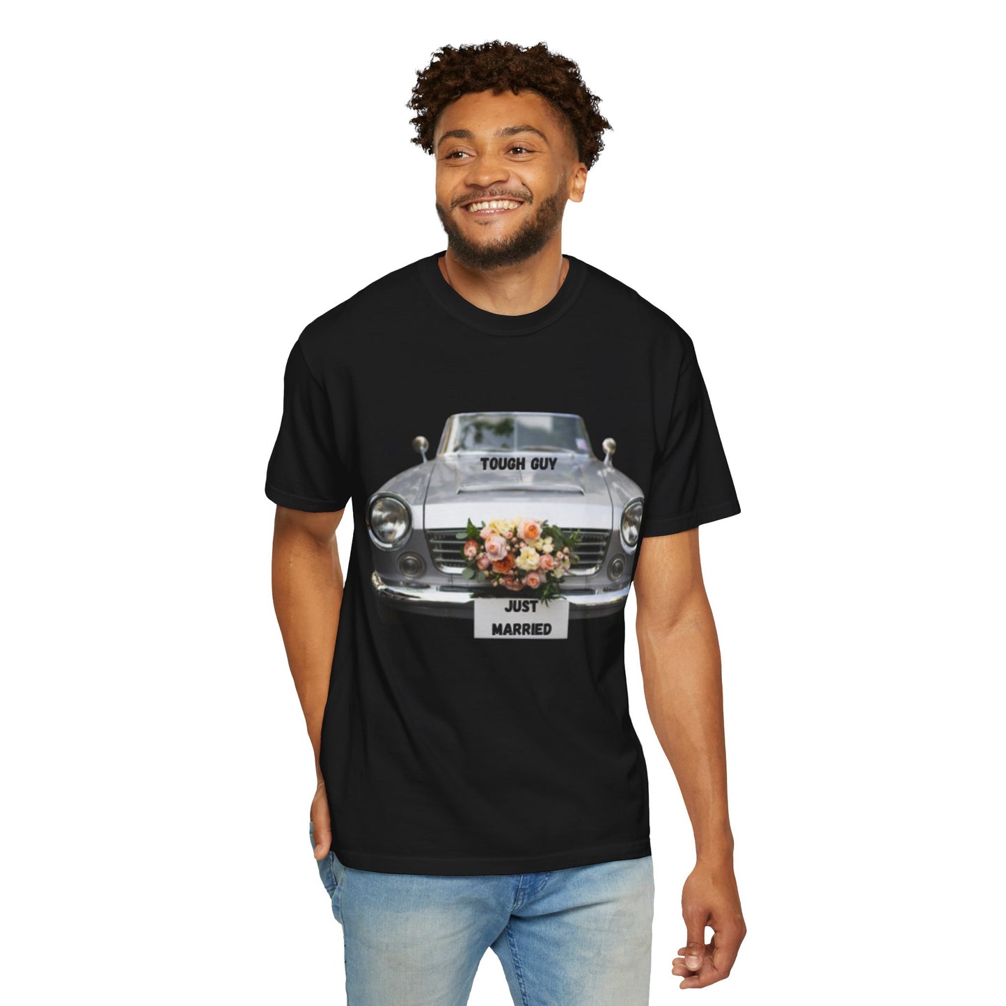 Men's T-Shirt Tough Guy Car with Just Married Flowers Design