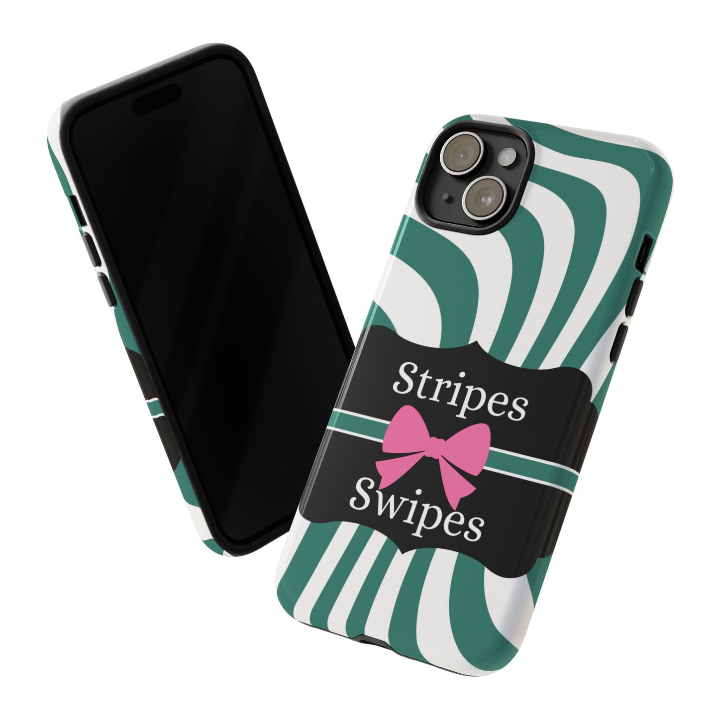 Phone Case iPhone 16/15/14 - Wavy Green/White Stripes & Swipes Tough Case