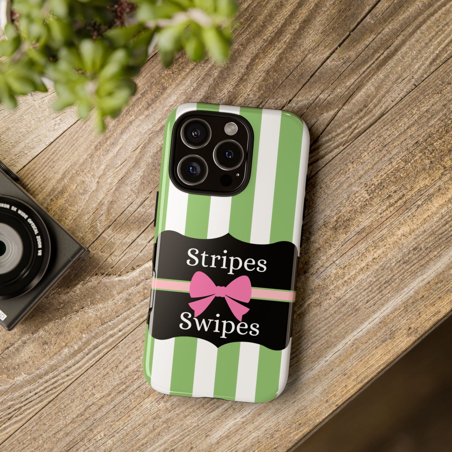 Phone Case iPhone 16/15/14 - Green/White Stripes & Swipes Tough Case