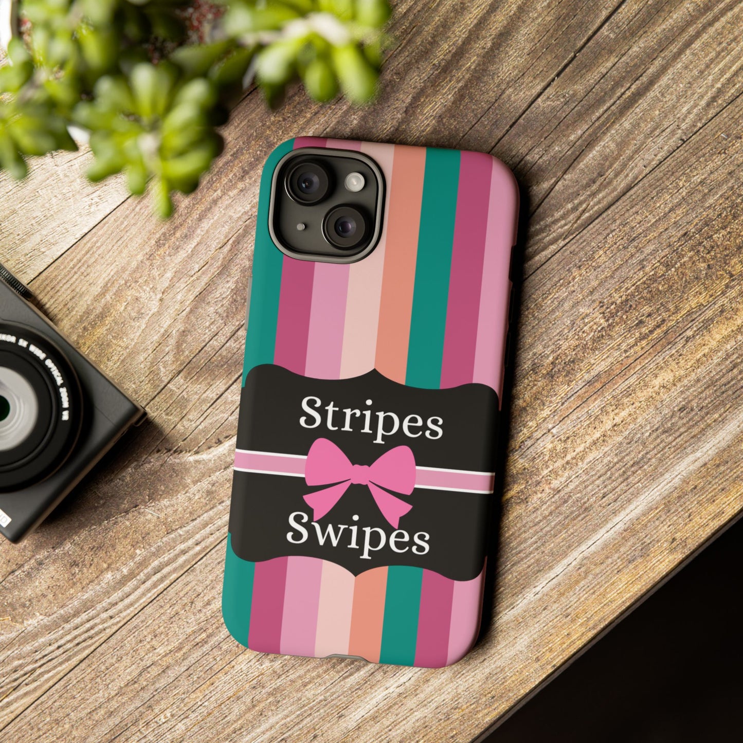 Phone Case iPhone 16/15/14 - Green/Pink/Peach Stripes & Swipes Tough Case