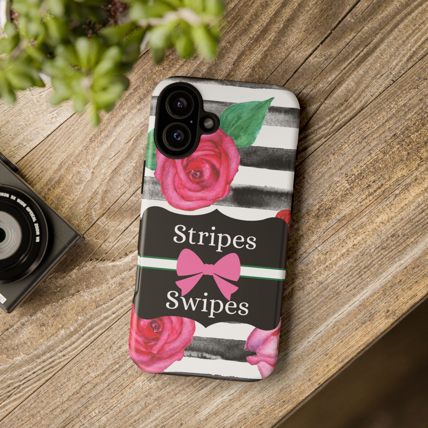 Phone Case iPhone 16/15/14 - Black/White Rose Stripes & Swipes Tough Case