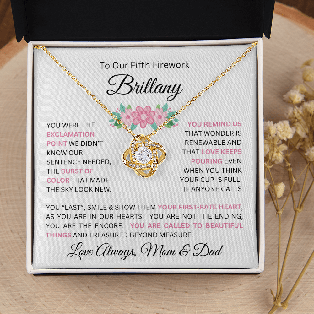 To Our Daughter(s) — Beautiful Love Knot Necklace & PERSONALIZED Heartwarming Message from Mom & Dad (Only, First-Born, Second, Third, Fourth, Fifth, or Twins)