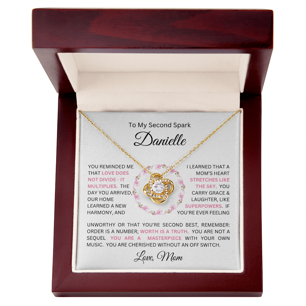 To My Daughter(s) — Beautiful Love Knot Necklace & PERSONALIZED Heartwarming Message from Mom (Only, First-Born, Second, Third, Fourth, Fifth, or Twins)
