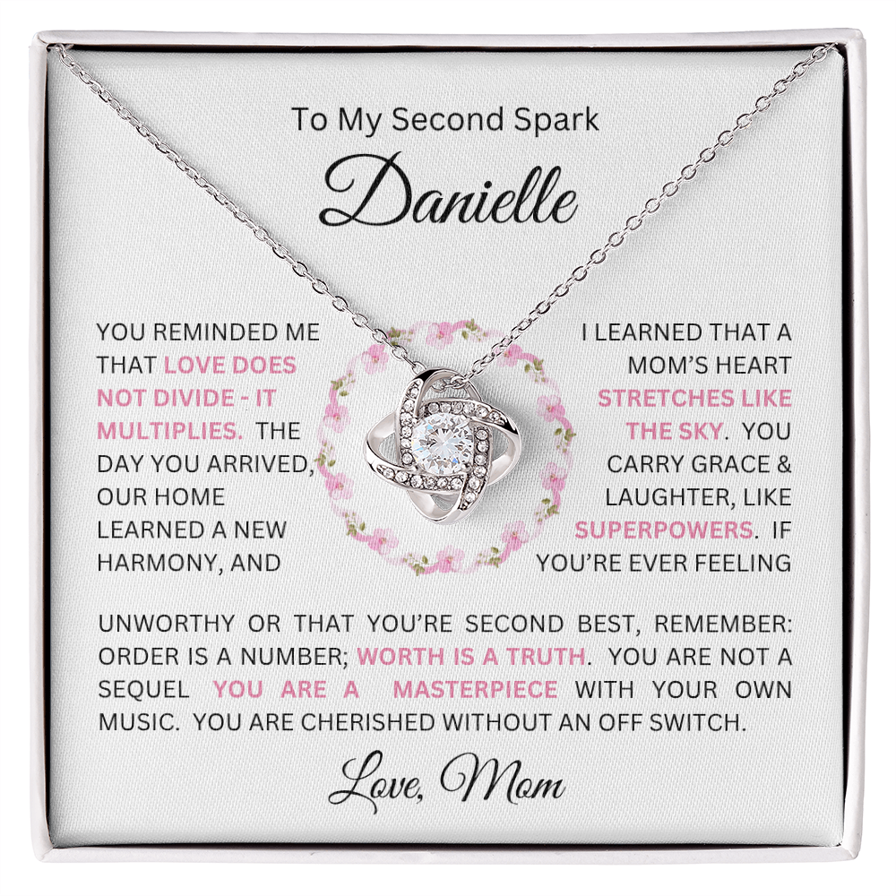 To My Daughter(s) — Beautiful Love Knot Necklace & PERSONALIZED Heartwarming Message from Mom (Only, First-Born, Second, Third, Fourth, Fifth, or Twins)