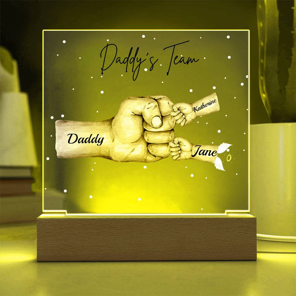 Personalized Daddy's Team Square Acrylic Plaque with Wooden Base or LED Light