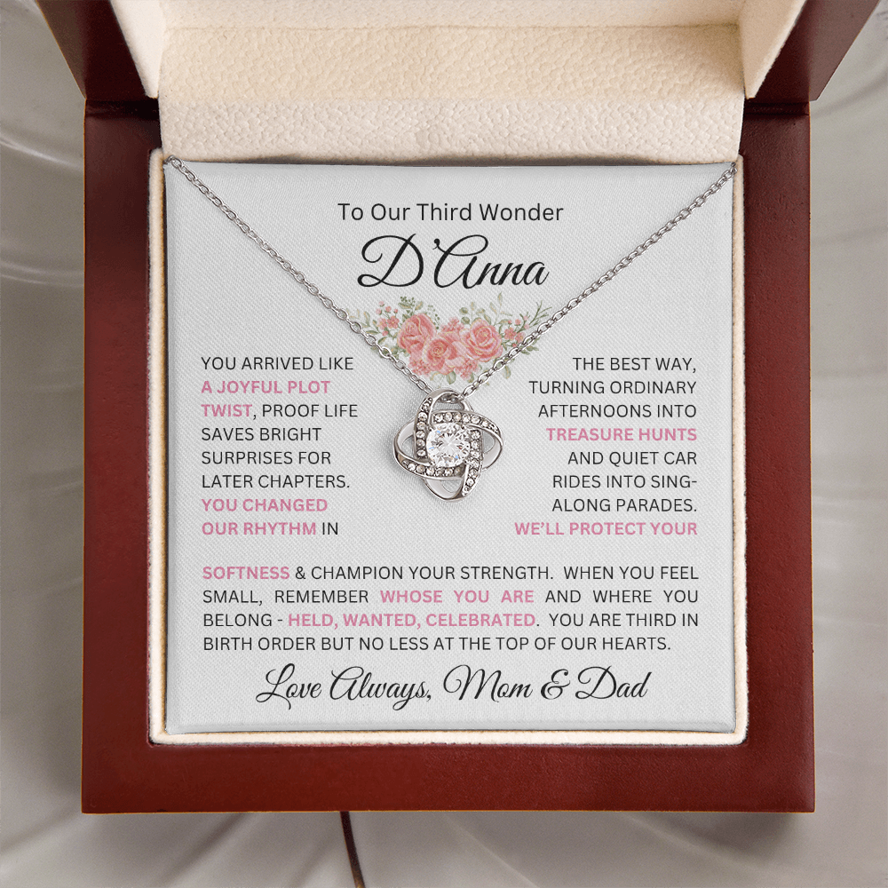 To Our Daughter(s) — Beautiful Love Knot Necklace & PERSONALIZED Heartwarming Message from Mom & Dad (Only, First-Born, Second, Third, Fourth, Fifth, or Twins)