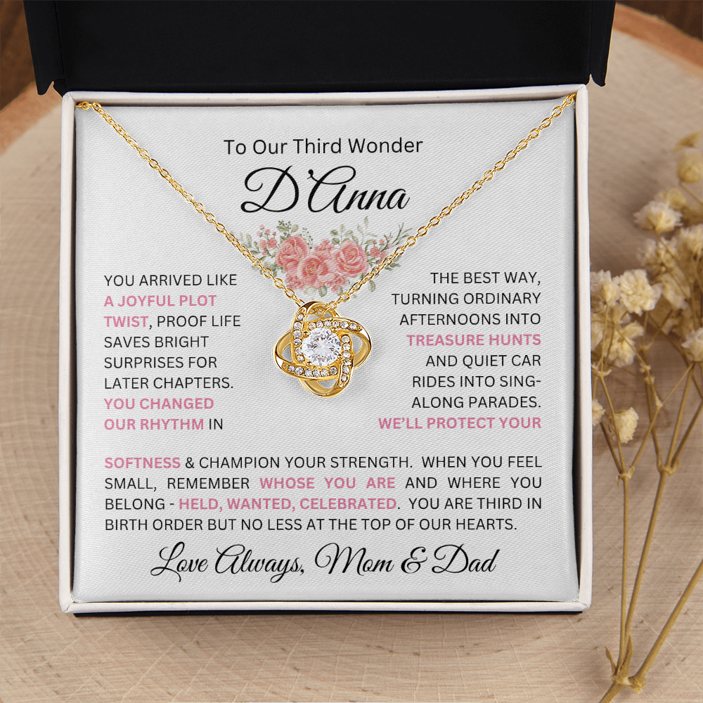 To Our Daughter(s) — Beautiful Love Knot Necklace & PERSONALIZED Heartwarming Message from Mom & Dad (Only, First-Born, Second, Third, Fourth, Fifth, or Twins)