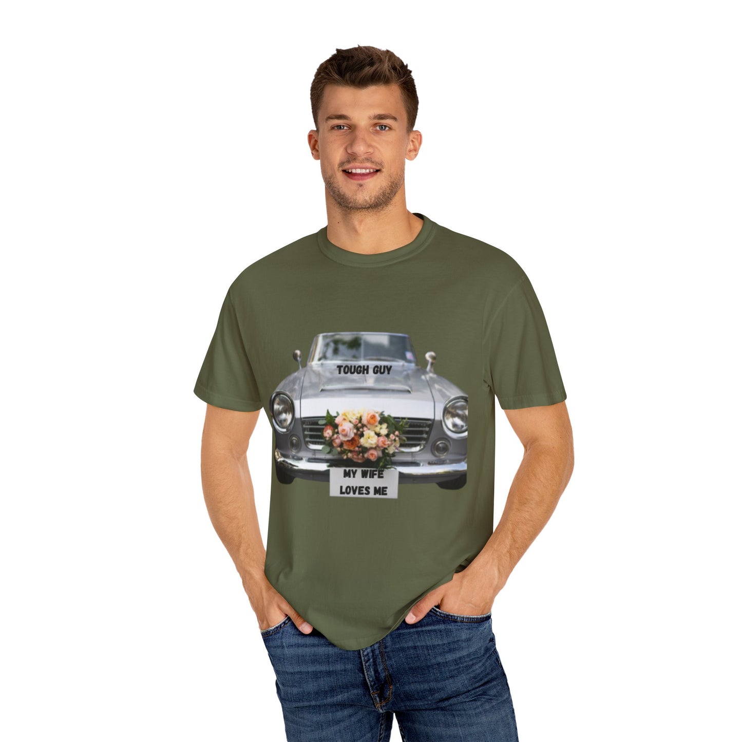 Men's T-Shirt Tough Guy Car with My Wife Loves Me Flowers Design