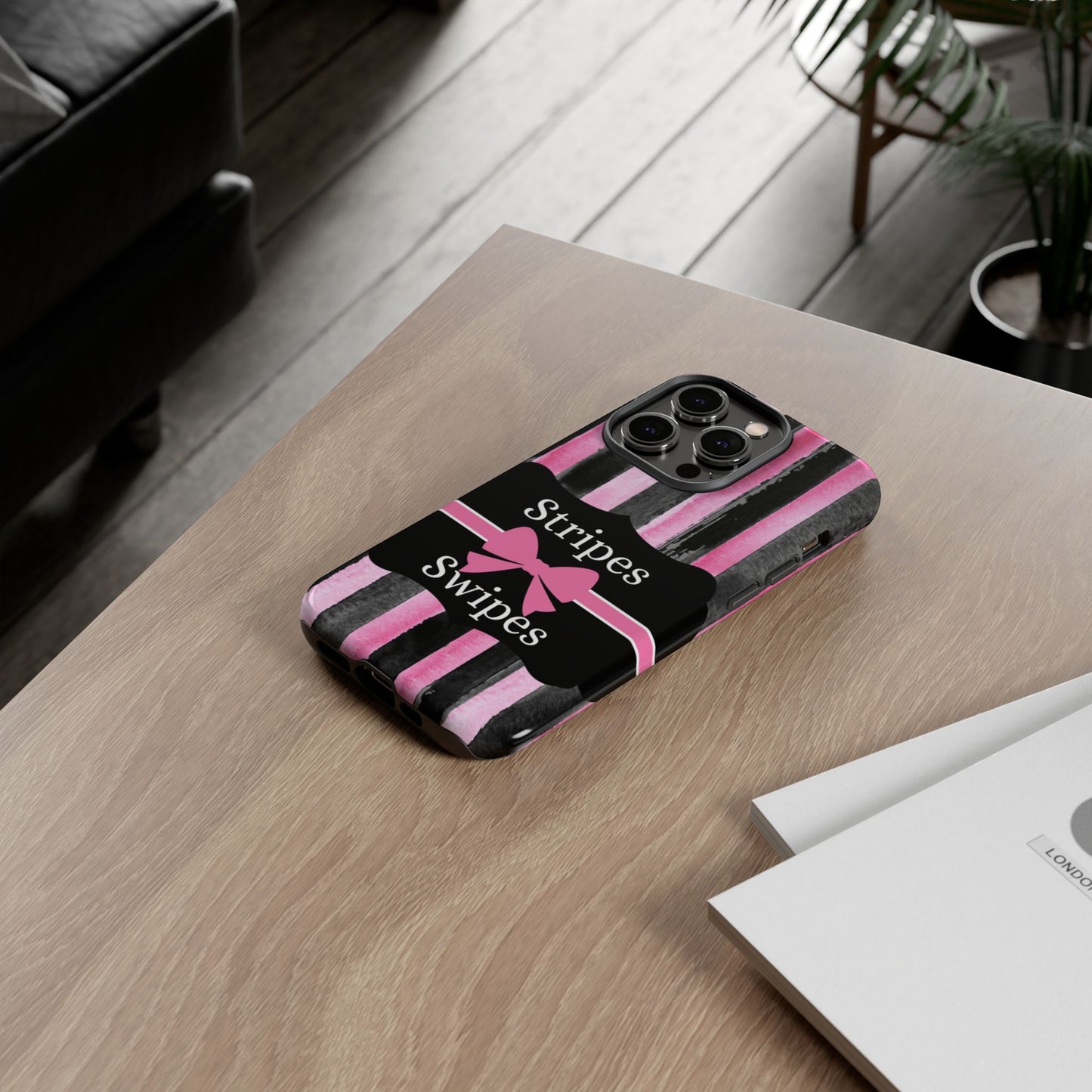 Phone Case iPhone 16/15/14 - Black/Pink Stripes & Swipes Tough Case