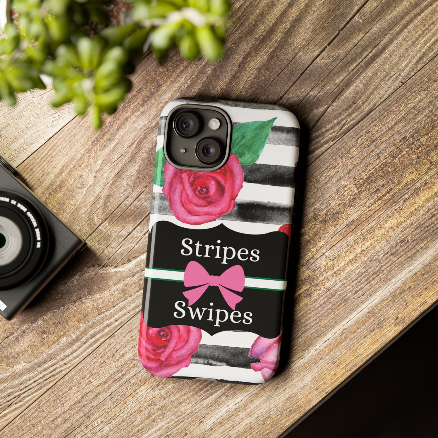 Phone Case iPhone 16/15/14 - Black/White Rose Stripes & Swipes Tough Case