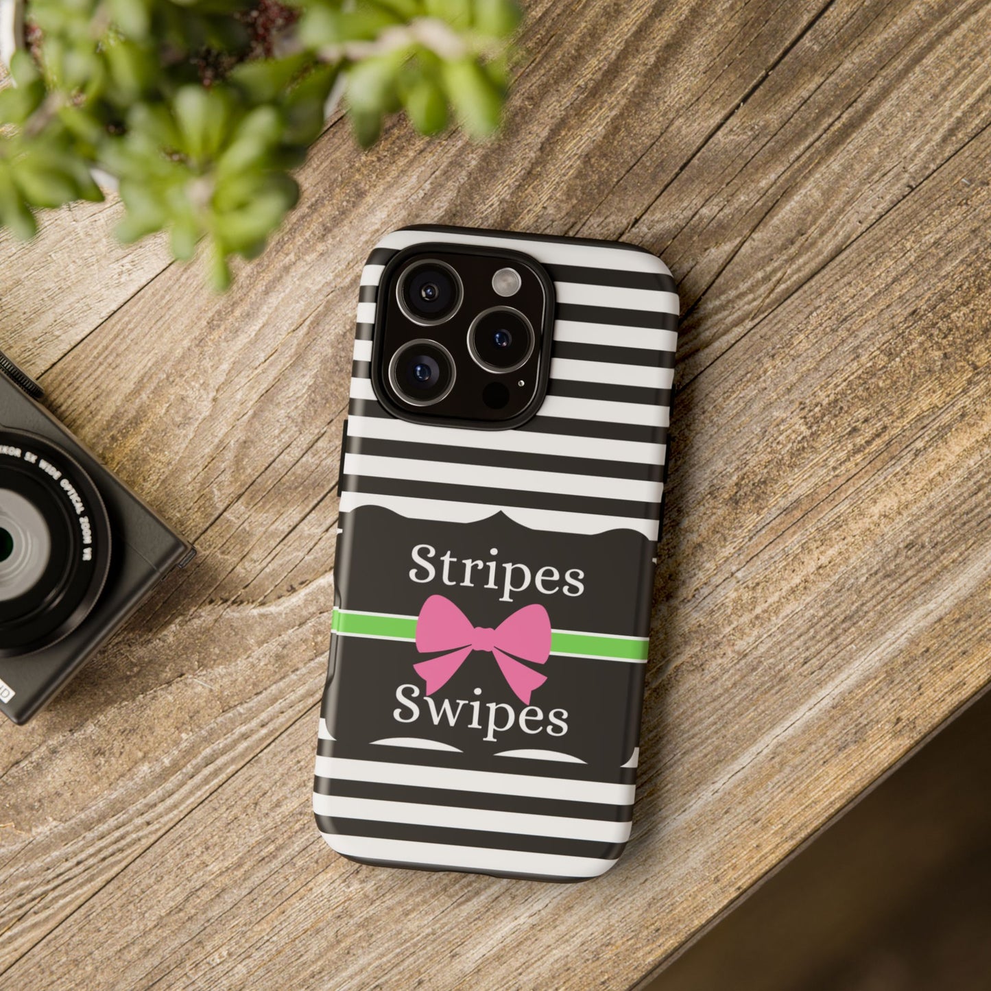 Phone Case iPhone 16/15/14 - Black/White/Green Stripes & Swipes Tough Case