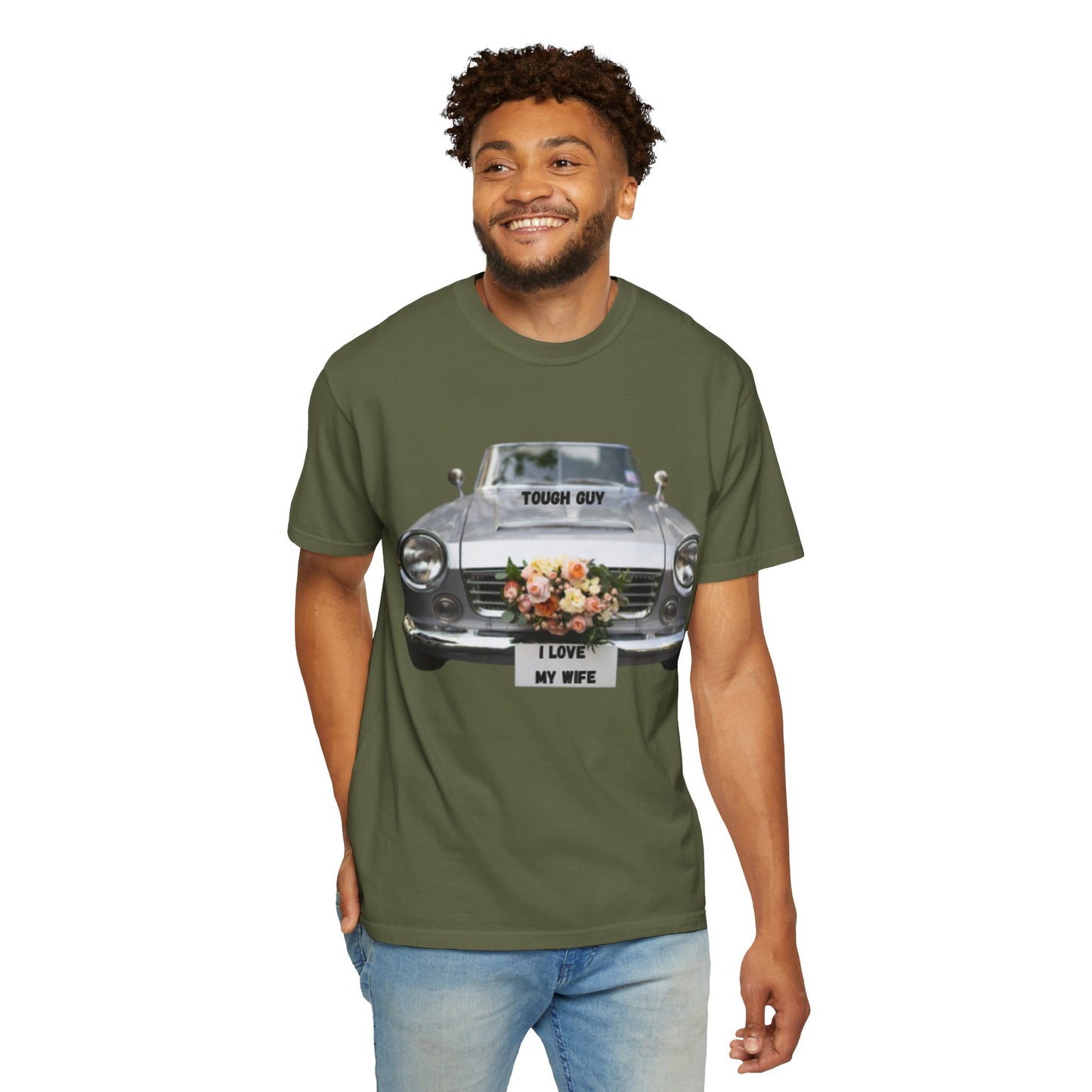 Men's T-Shirt Tough Guy Car with I Love My Wife Flowers Design