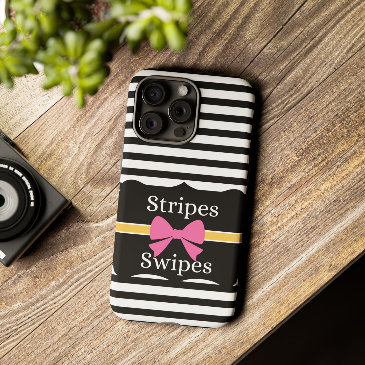 Phone Case iPhone 16/15/14 - Black/White/Yellow Stripes & Swipes Tough Case