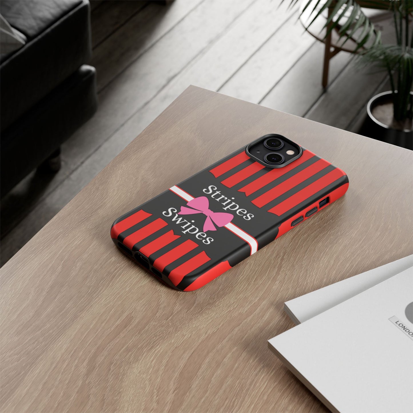 Phone Case iPhone 16/15/14 - Red/Black/White Stripes & Swipes Tough Case