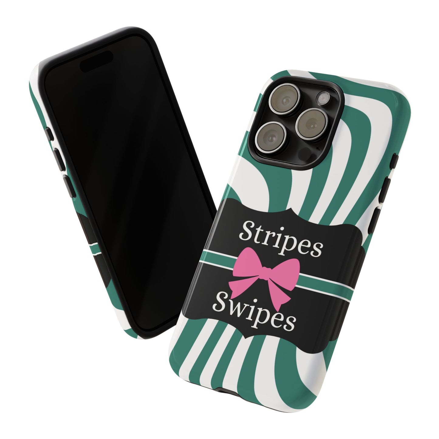 Phone Case iPhone 16/15/14 - Wavy Green/White Stripes & Swipes Tough Case