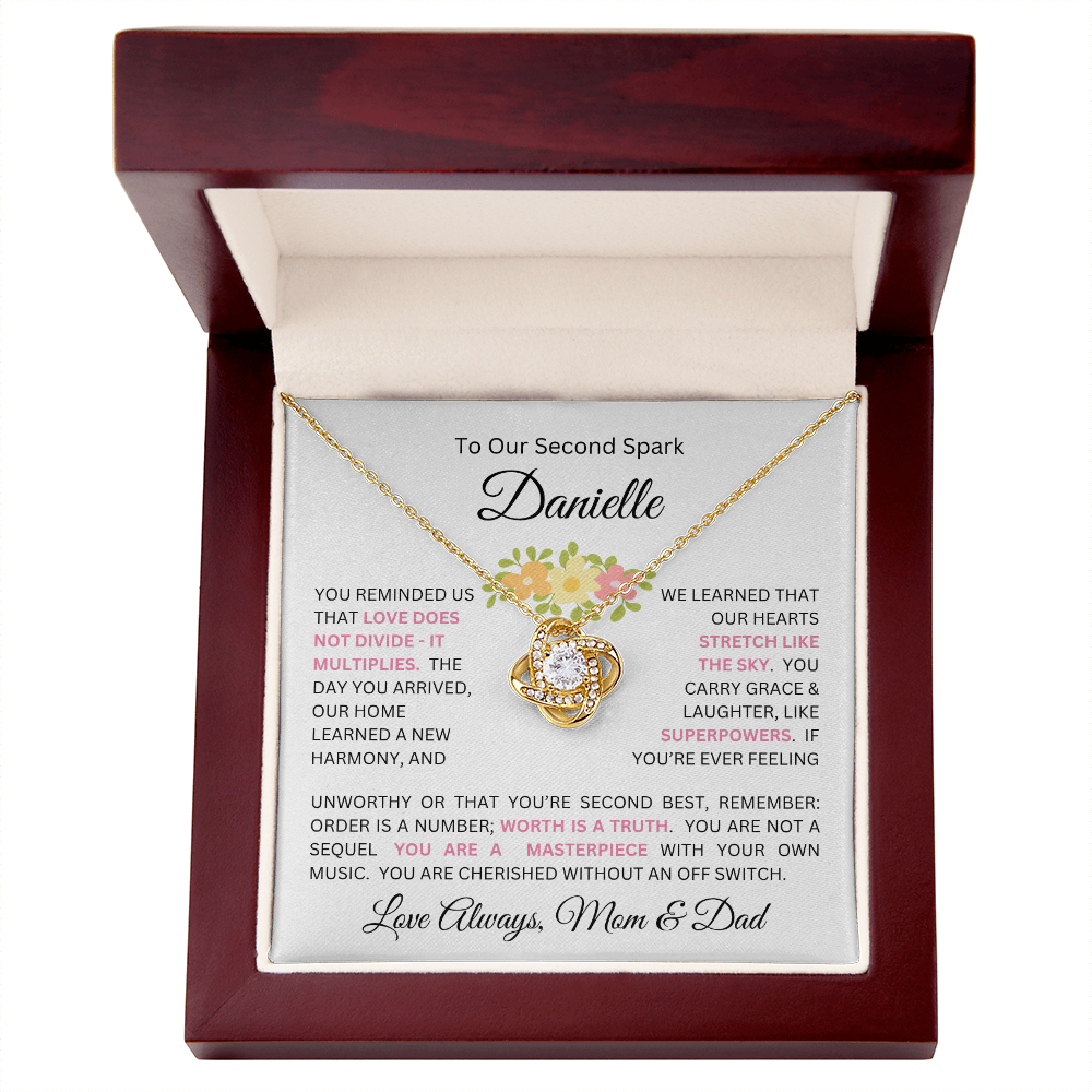 To Our Daughter(s) — Beautiful Love Knot Necklace & PERSONALIZED Heartwarming Message from Mom & Dad (Only, First-Born, Second, Third, Fourth, Fifth, or Twins)