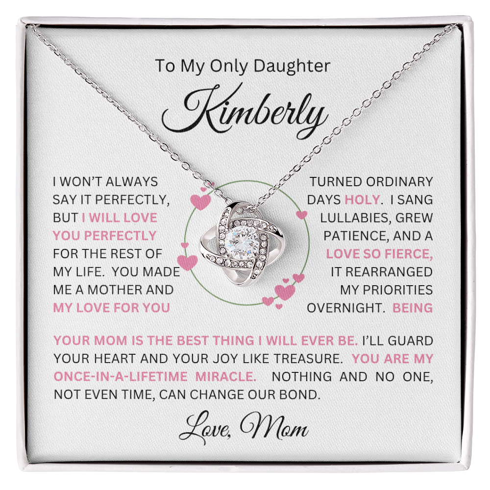 To My Daughter(s) — Beautiful Love Knot Necklace & PERSONALIZED Heartwarming Message from Mom (Only, First-Born, Second, Third, Fourth, Fifth, or Twins)