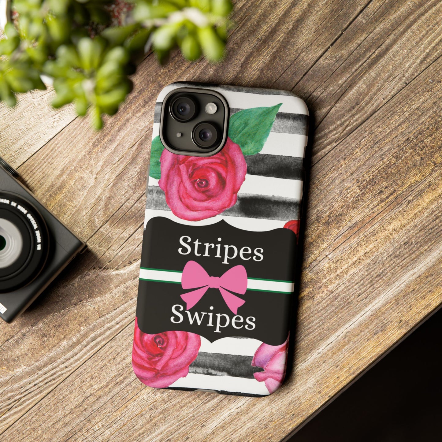 Phone Case iPhone 16/15/14 - Black/White Rose Stripes & Swipes Tough Case