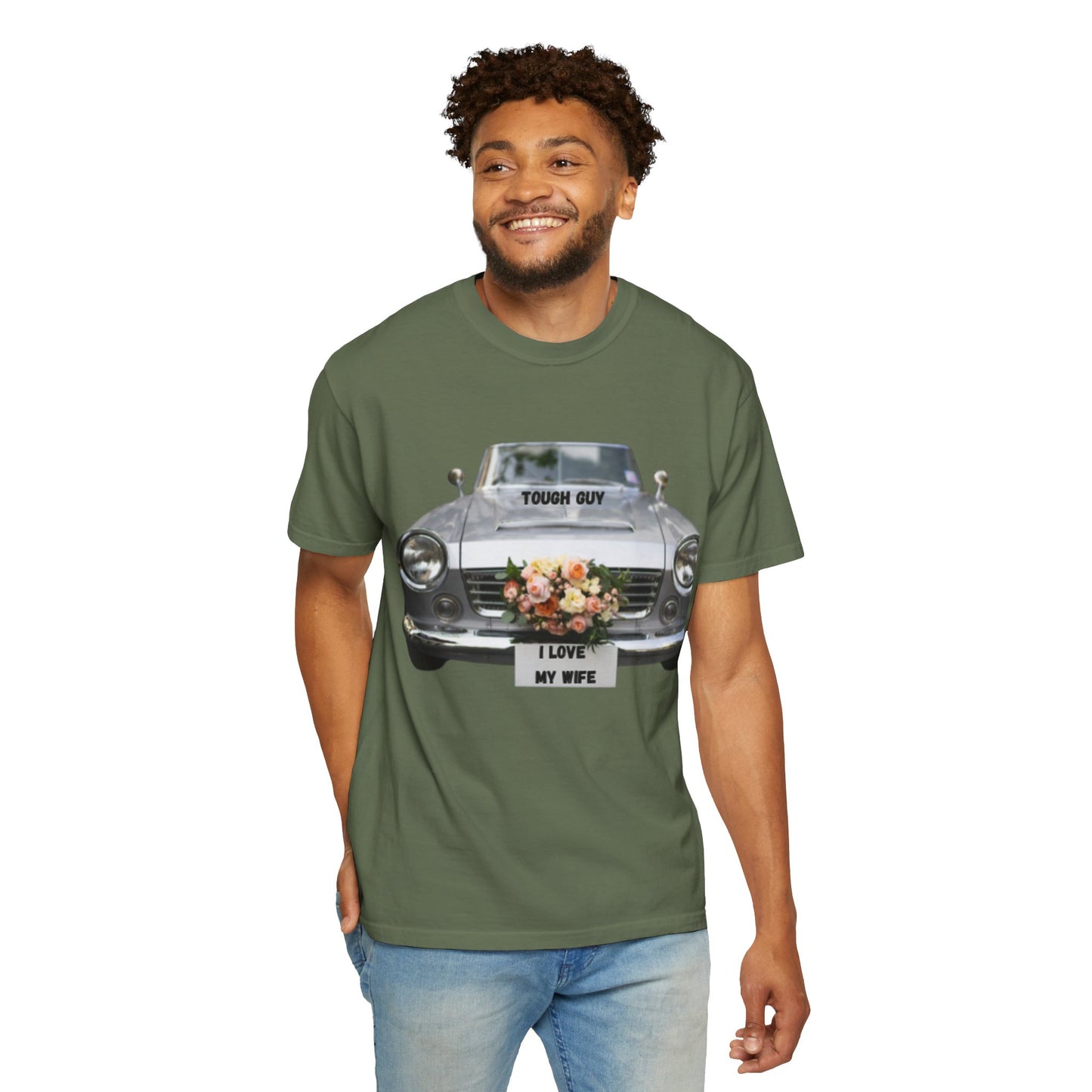 Men's T-Shirt Tough Guy Car with I Love My Wife Flowers Design