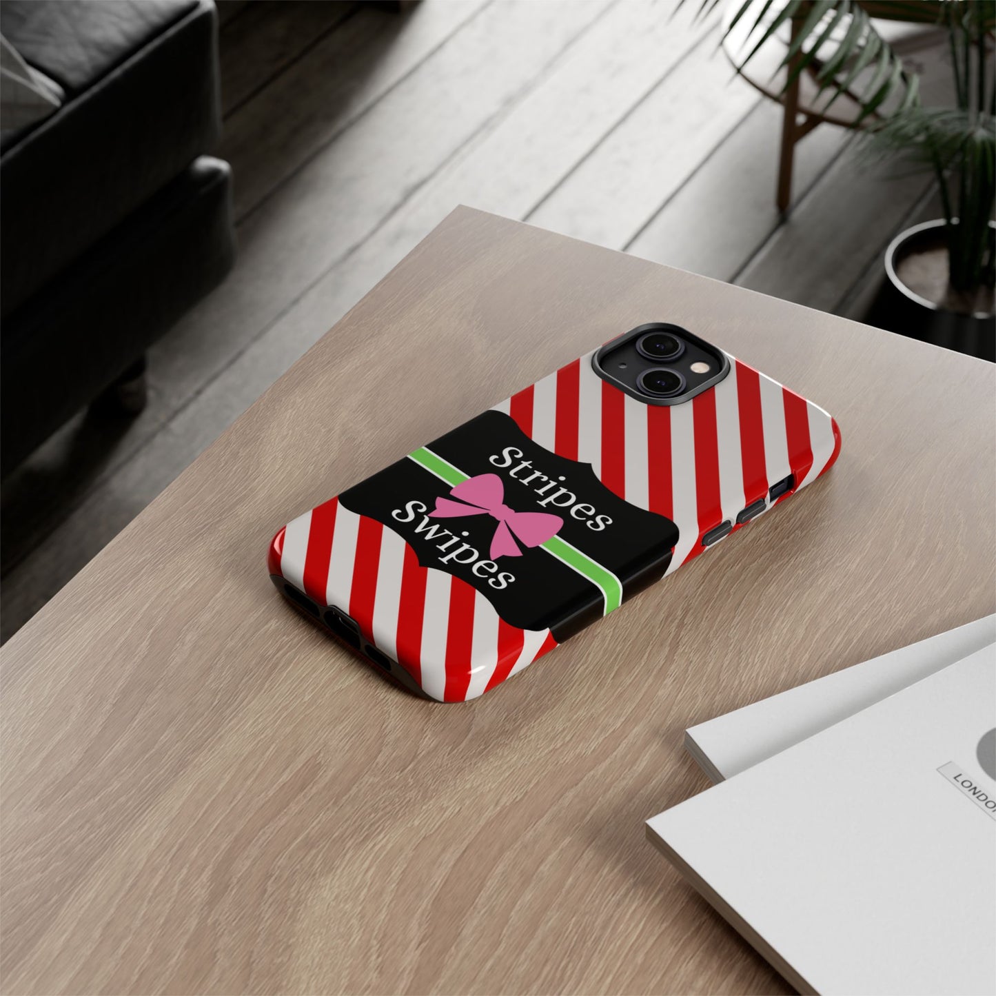 Phone Case iPhone 16/15/14 - Diagonal Red/White Stripes & Swipes Tough Case