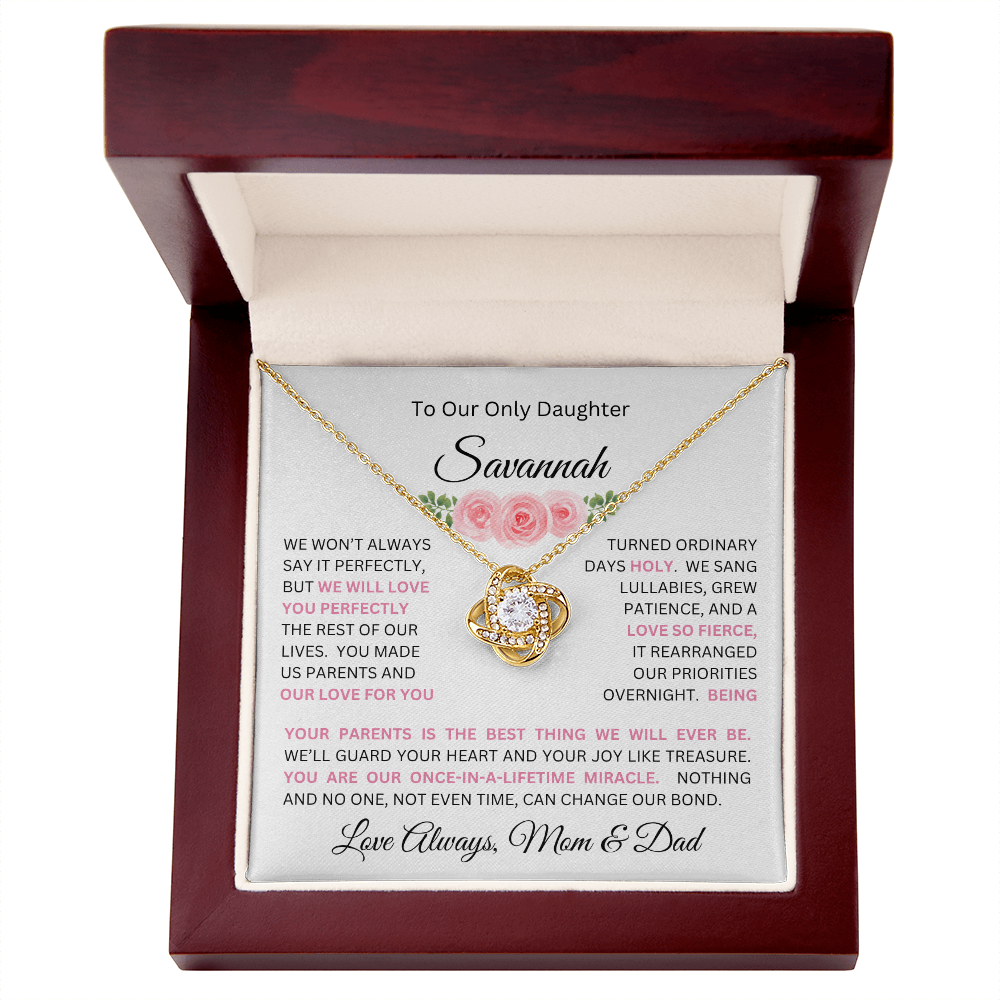 To Our Daughter(s) — Beautiful Love Knot Necklace & PERSONALIZED Heartwarming Message from Mom & Dad (Only, First-Born, Second, Third, Fourth, Fifth, or Twins)