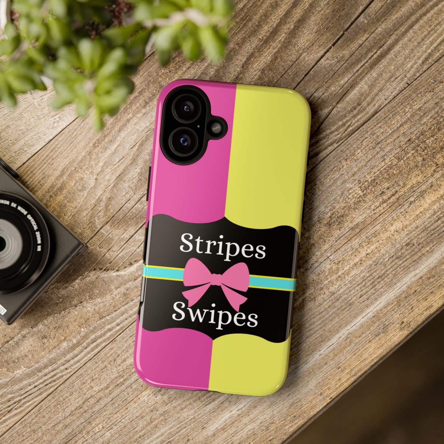 Phone Case iPhone 16/15/14 - Pink/Yellow Stripes & Swipes Tough Case