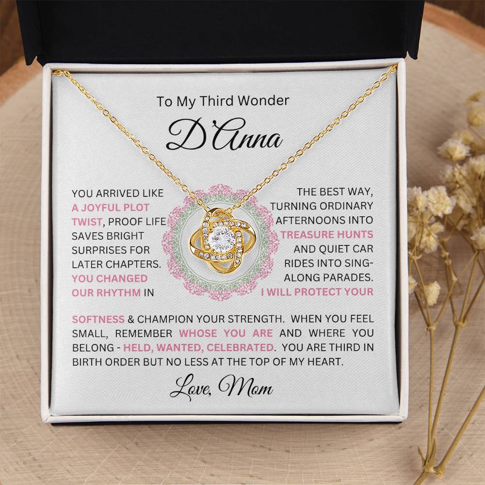 To My Daughter(s) — Beautiful Love Knot Necklace & PERSONALIZED Heartwarming Message from Mom (Only, First-Born, Second, Third, Fourth, Fifth, or Twins)
