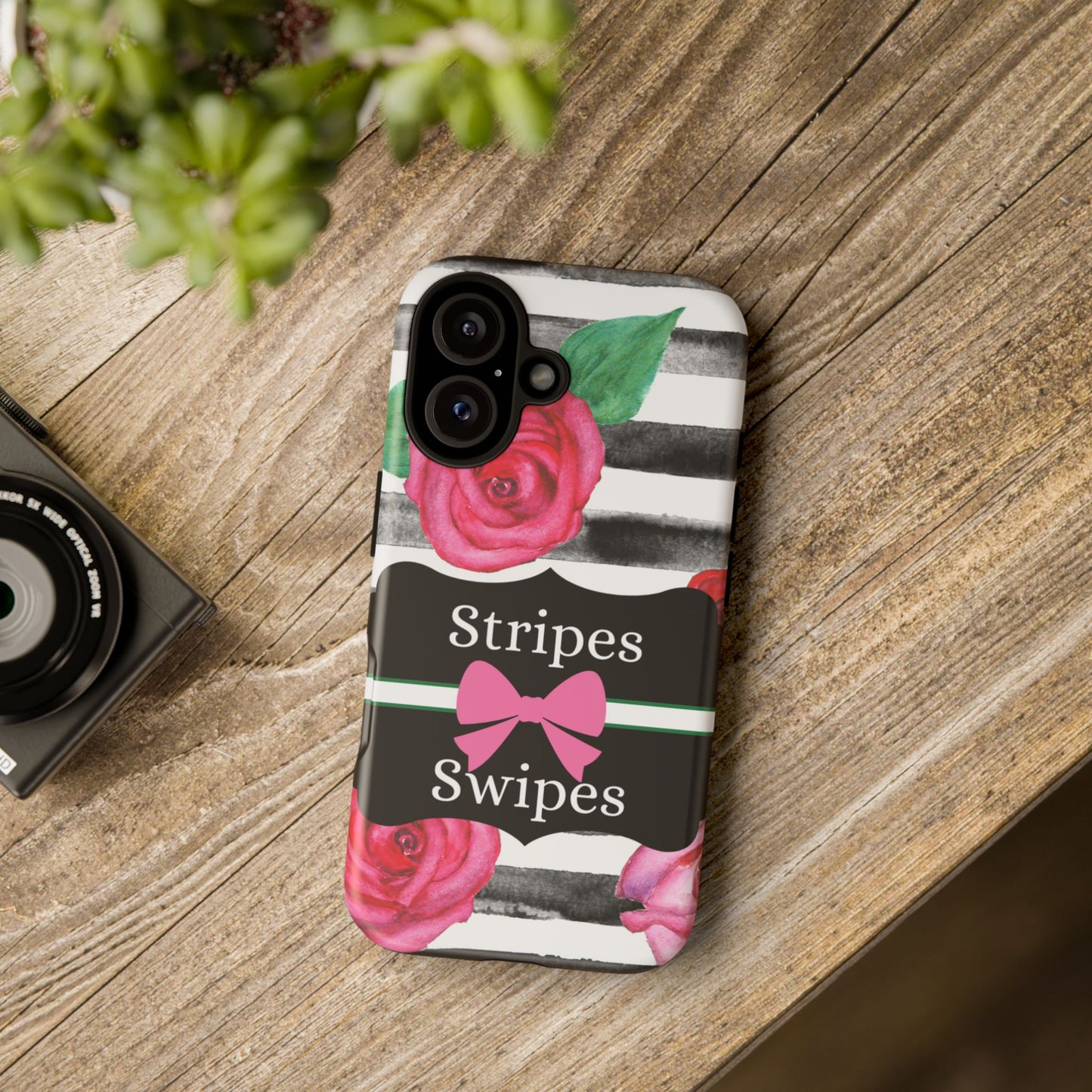 Phone Case iPhone 16/15/14 - Black/White Rose Stripes & Swipes Tough Case