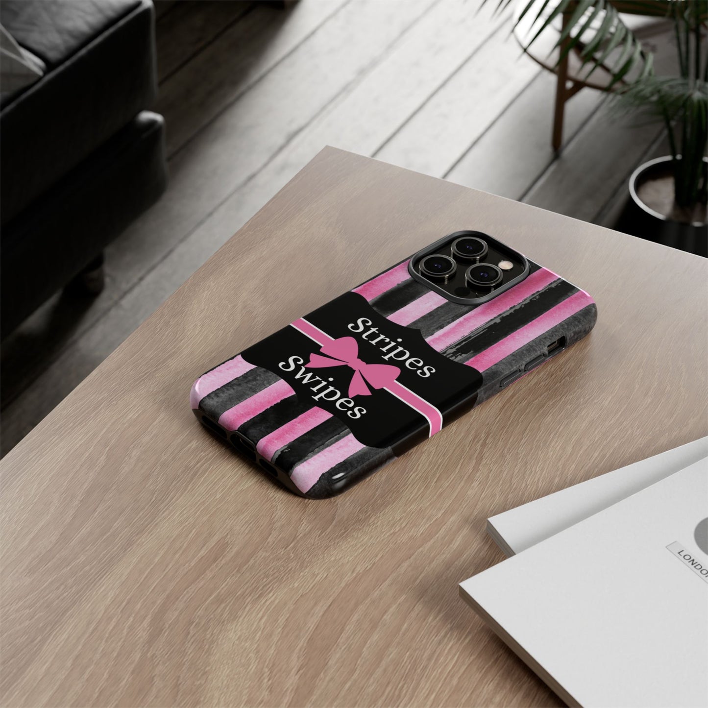 Phone Case iPhone 16/15/14 - Black/Pink Stripes & Swipes Tough Case