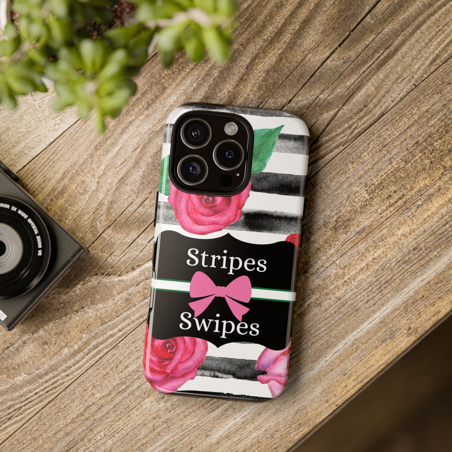 Phone Case iPhone 16/15/14 - Black/White Rose Stripes & Swipes Tough Case