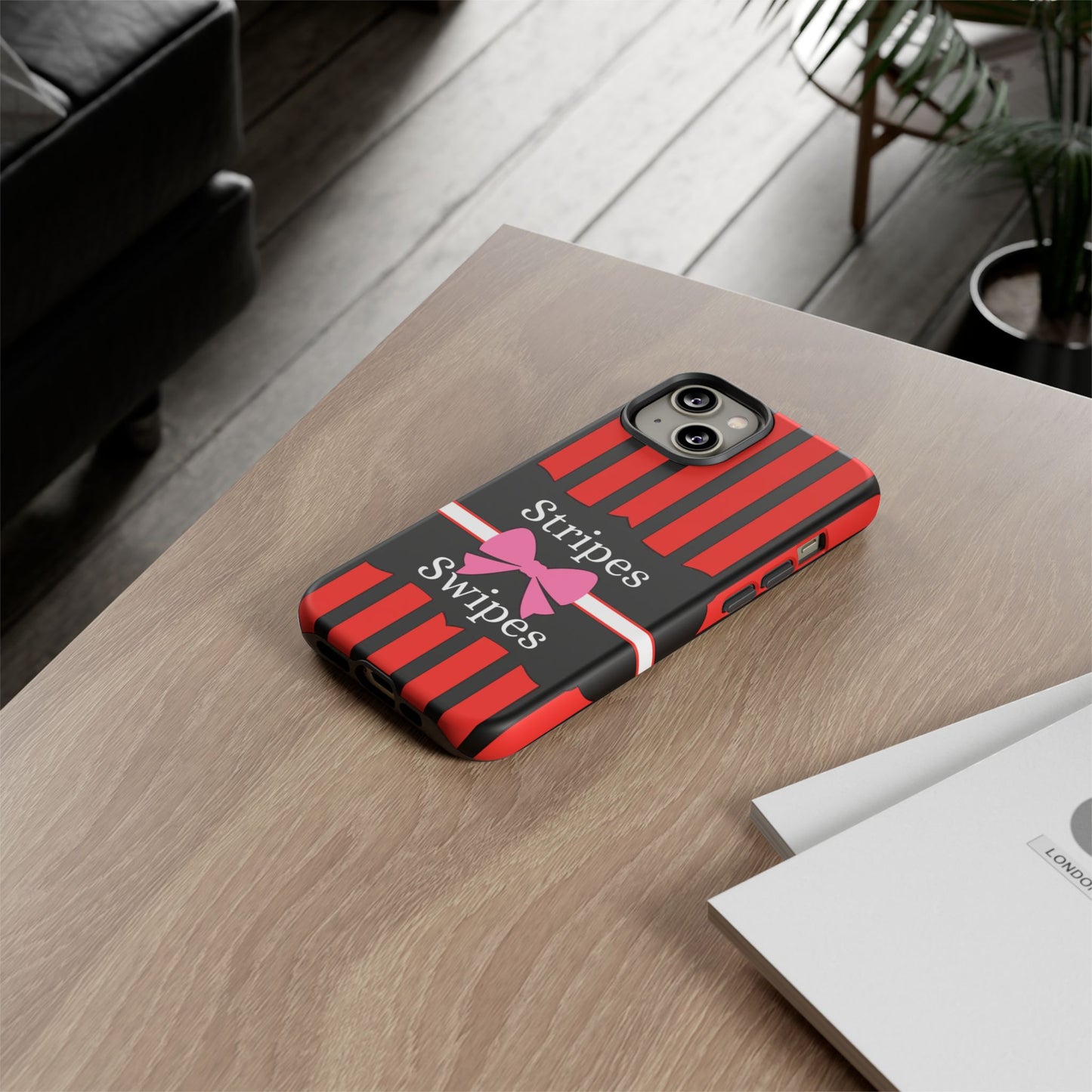 Phone Case iPhone 16/15/14 - Red/Black/White Stripes & Swipes Tough Case