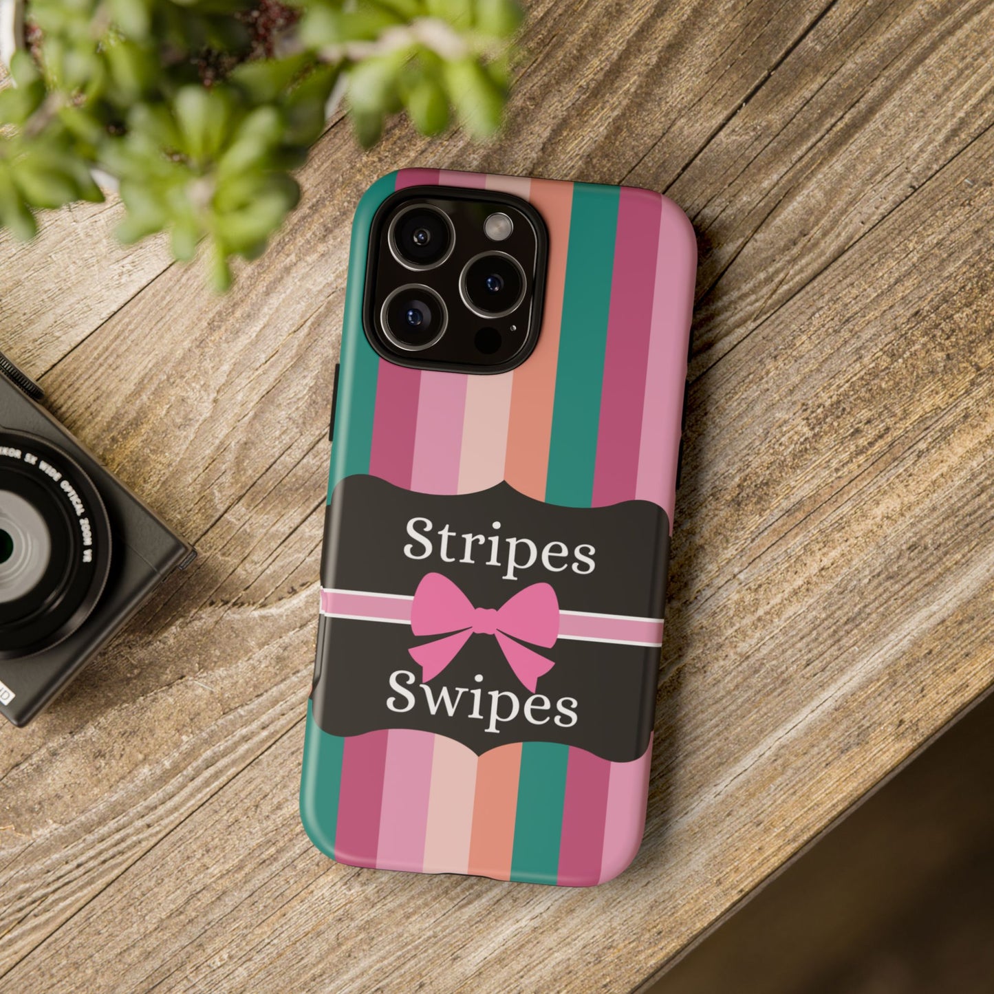 Phone Case iPhone 16/15/14 - Green/Pink/Peach Stripes & Swipes Tough Case