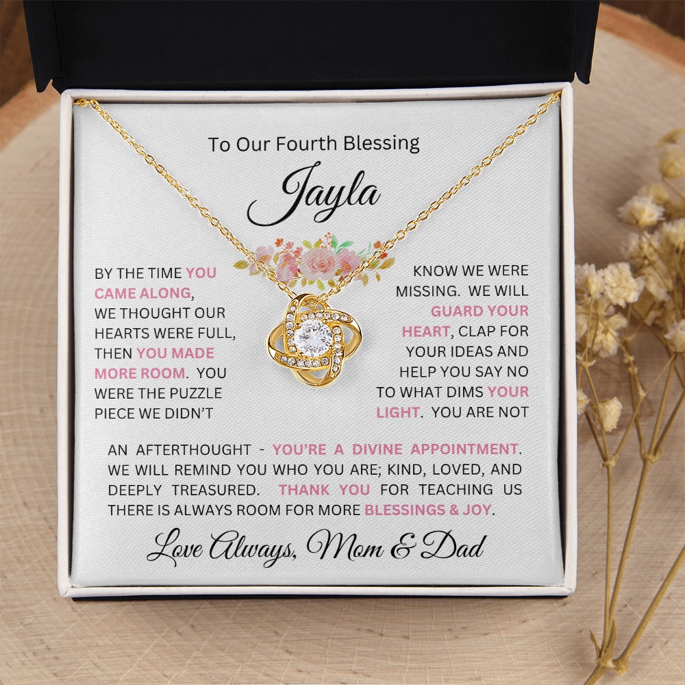To Our Daughter(s) — Beautiful Love Knot Necklace & PERSONALIZED Heartwarming Message from Mom & Dad (Only, First-Born, Second, Third, Fourth, Fifth, or Twins)