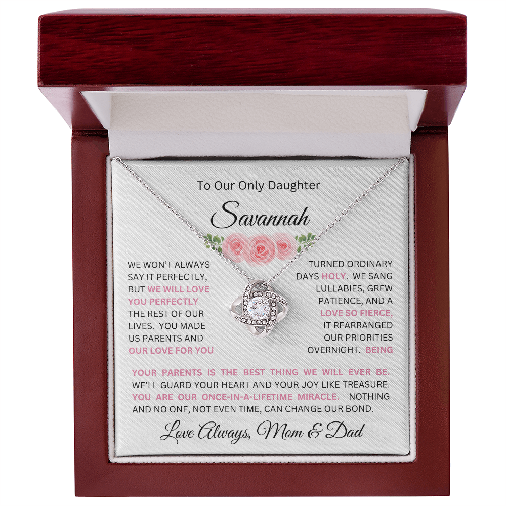 To Our Daughter(s) — Beautiful Love Knot Necklace & PERSONALIZED Heartwarming Message from Mom & Dad (Only, First-Born, Second, Third, Fourth, Fifth, or Twins)