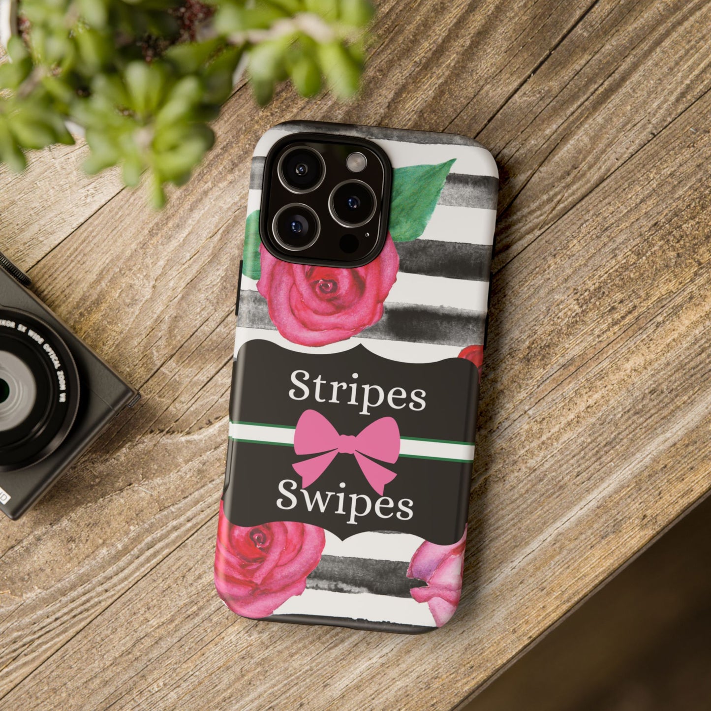 Phone Case iPhone 16/15/14 - Black/White Rose Stripes & Swipes Tough Case