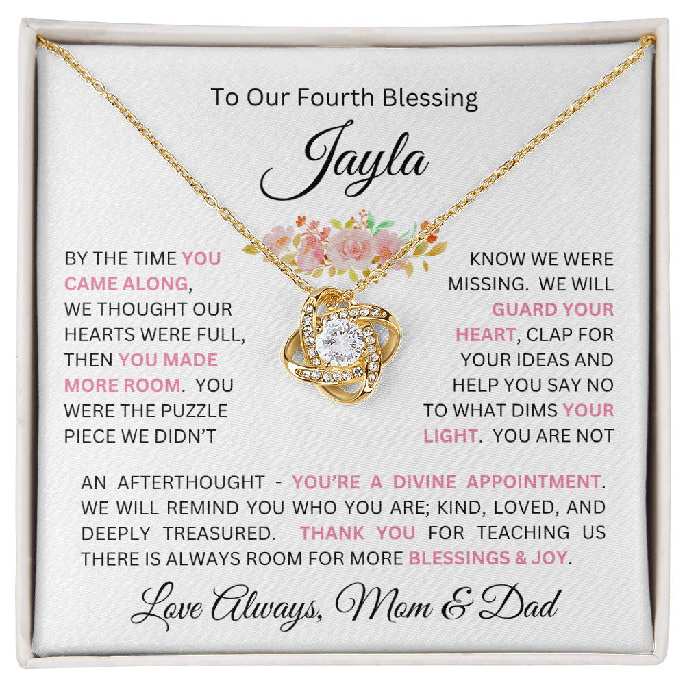 To Our Daughter(s) — Beautiful Love Knot Necklace & PERSONALIZED Heartwarming Message from Mom & Dad (Only, First-Born, Second, Third, Fourth, Fifth, or Twins)