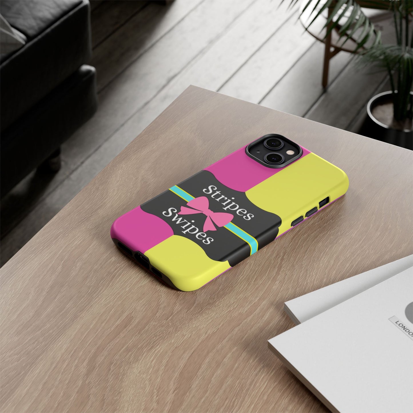 Phone Case iPhone 16/15/14 - Pink/Yellow Stripes & Swipes Tough Case