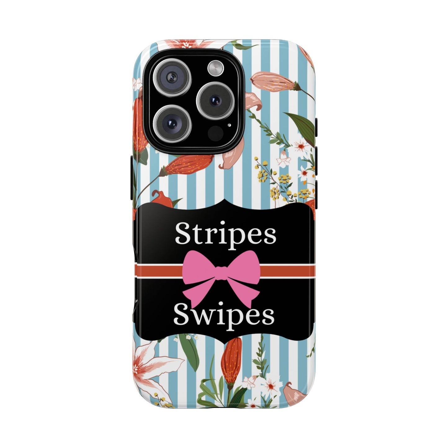 Phone Case iPhone 16/15/14 - Blue/White Flowers Stripes & Swipes Tough Case