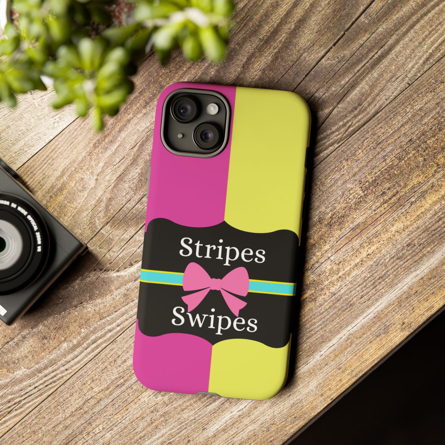 Phone Case iPhone 16/15/14 - Pink/Yellow Stripes & Swipes Tough Case