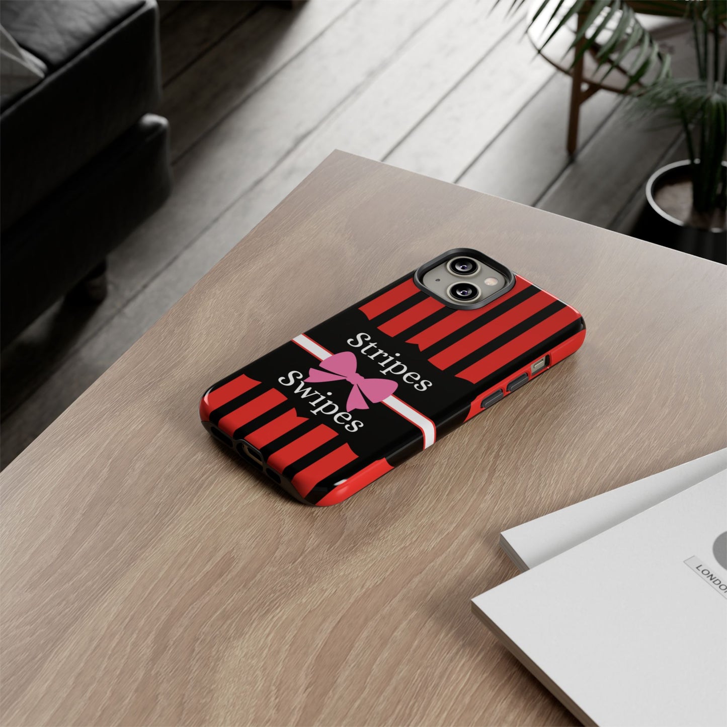 Phone Case iPhone 16/15/14 - Red/Black/White Stripes & Swipes Tough Case